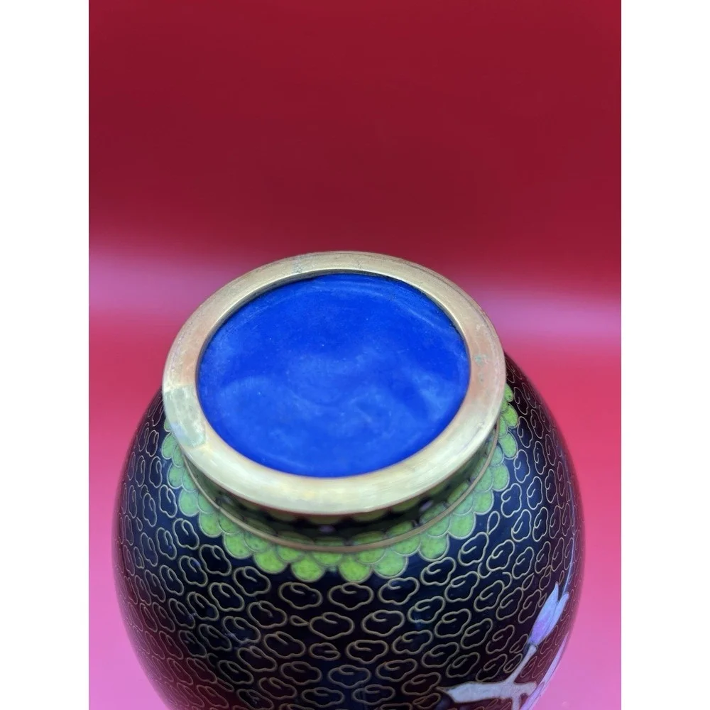 Vintage Chinese Cloisonne Enamel Vase Black Multicolor Flowers Butterfly 8.25